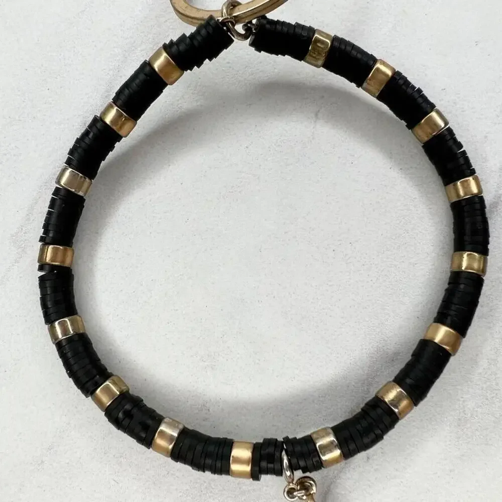 Gold Tone and Black Beaded Bracelet Lightning Charm Keychain Keyring